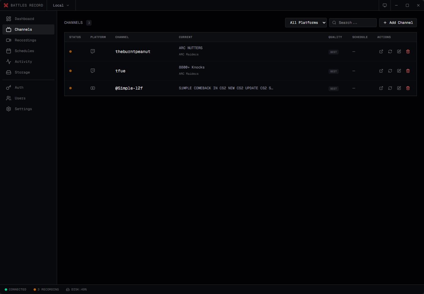 Channel management with live status indicators