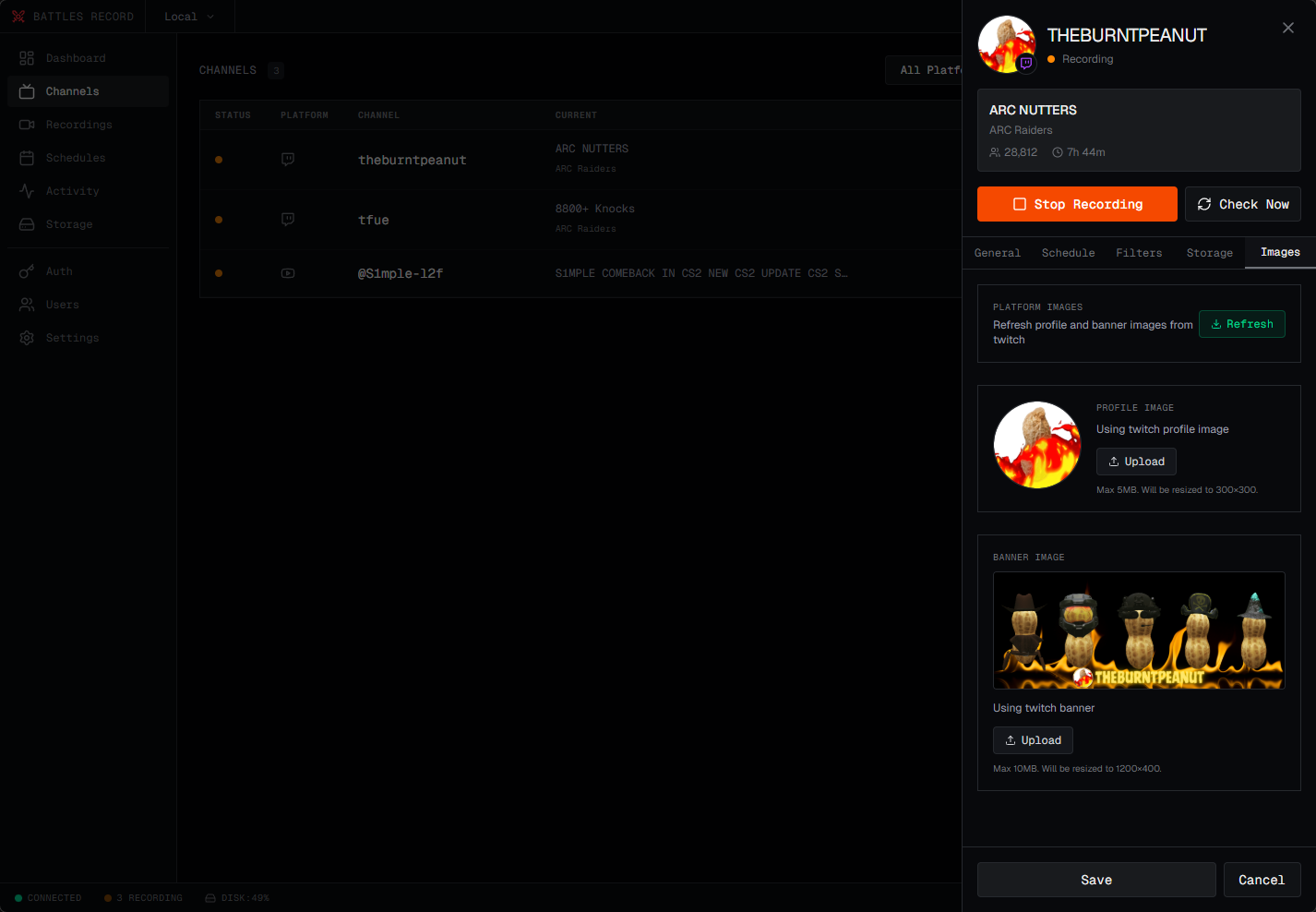 Channel detail panel with image management
