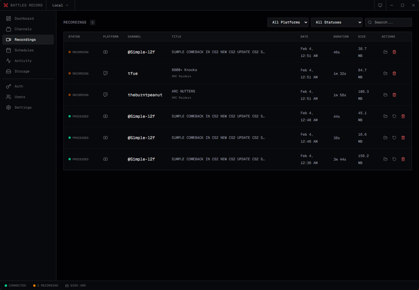 Recordings library with status and metadata
