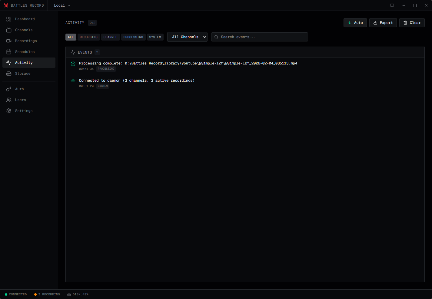 Activity log with event filtering