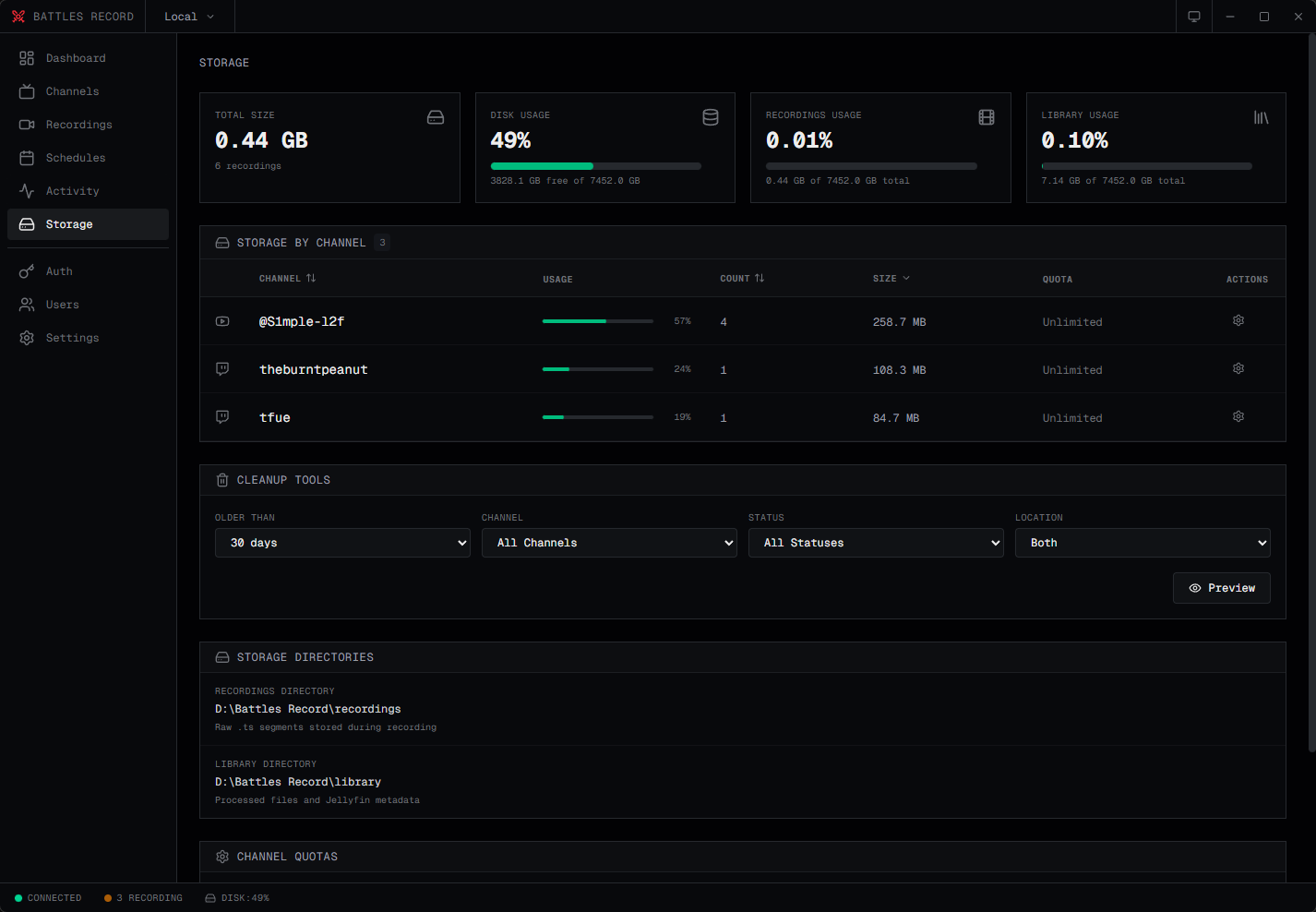 Storage dashboard with quotas and cleanup tools