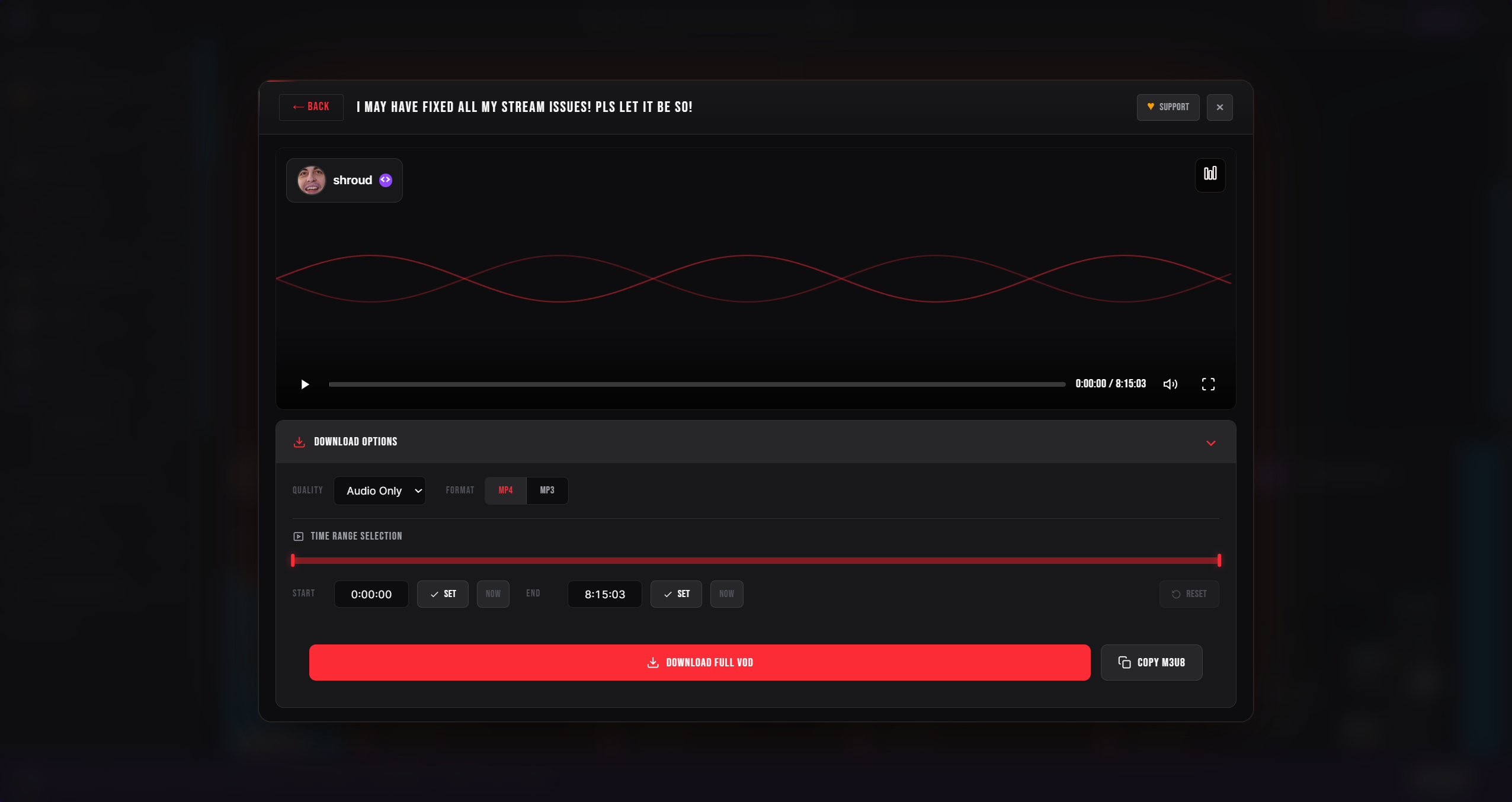 Download options with time range selection